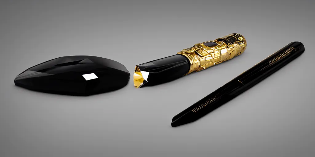 Prompt: sleek interstellar weapons in gleaming obsidian black and scintillating 24K gold designed by HP