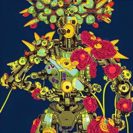 Image similar to colourful vfx art - portrait of army mecha robot wrapped in flowers & vines, art by utagawa kunisada & tadanori yokoo, volumetric light, ray tracing, sharp, detailed, digital painting, illustration, highly detailed, intricate detail, unreal engine, octane render, pinterest, behance, art station,