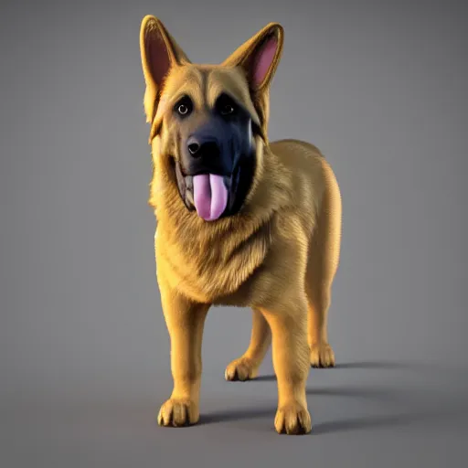 Prompt: 3 d model of a german shepherd and golden retriever mixed breed dog, octane render, raytraced