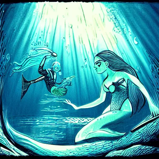 Image similar to old drawing of a scuba diver swimming with a beautiful mermaid underwater, under water scenery, dramatic lighting, intense, epic, drawing