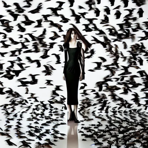 Prompt: “a beautiful woman in a fashionable dress made of pigeons, high fashion, photorealistic, fashion photography”