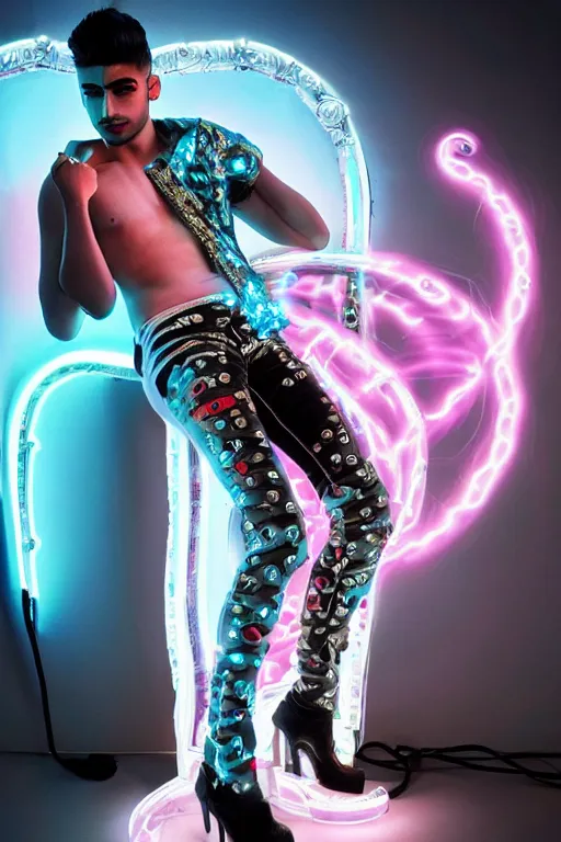 Image similar to full-body rococo and cyberpunk style neon statue of a muscular attractive Zayn Malik sim roupa macho dotado e rico android sim roupa reclining con las piernas abiertas e la piroca dura e afuera, glowing white laser eyes, prince crown of red gears, diamonds, swirling black-colored silk fabric. futuristic elements. full-length view. space robots. alien skulls. intricate artwork by caravaggio. Trending on artstation, octane render, cinematic lighting from the right, hyper realism, octane render, 8k, depth of field, 3D