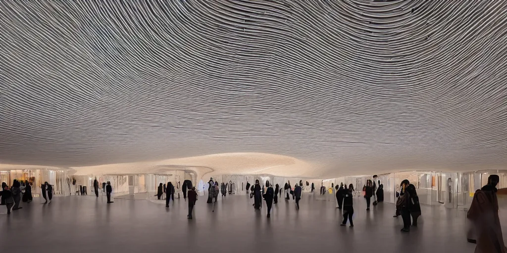 Image similar to extremely detailed awe ornate stunning beautiful futuristic smooth curvilinear elegant retail apple store interior by zaha hadid, translucent gills, stunning volumetric light, stainless steel, concrete, translucent material, beautiful sunset, hyper real, 8 k, colorful, 3 d cinematic volumetric light, atmospheric light