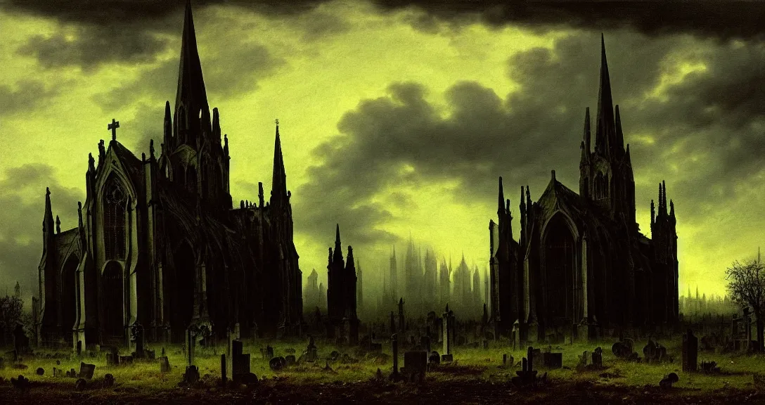 Prompt: a painting of an abandoned gothic cathedral in the middle of a graveyard by caspar david friedrich, dark, horror, volumetric lighting, ash falling, dusk, storm clouds in the distance