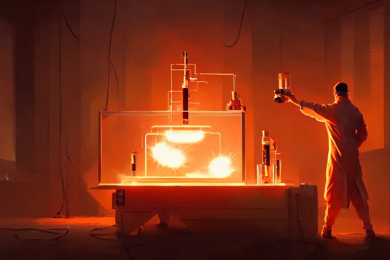 Image similar to symmetry!! scientist performing a explosive experiment by artgerm greg rutkowski and andreas rocha, cinematic lighting, highly detailed, warm colours, 8 k