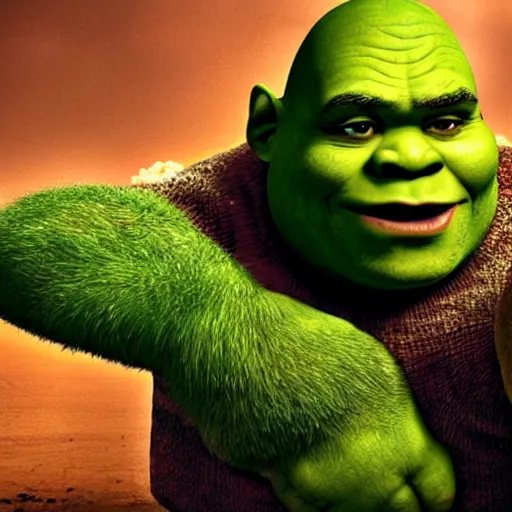 Image similar to shrek fighting jason statham