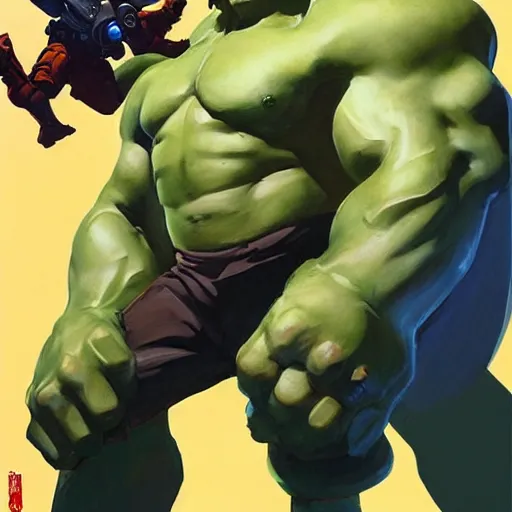 Image similar to greg manchess portrait painting of armed mega shonen hulk as overwatch character, medium shot, asymmetrical, profile picture, organic painting, sunny day, matte painting, bold shapes, hard edges, street art, trending on artstation, by huang guangjian and gil elvgren and sachin teng