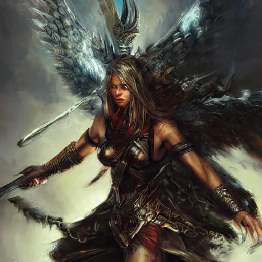 Image similar to the wrath of the warrior angel by raymond swanland, highly detailed, bright tones