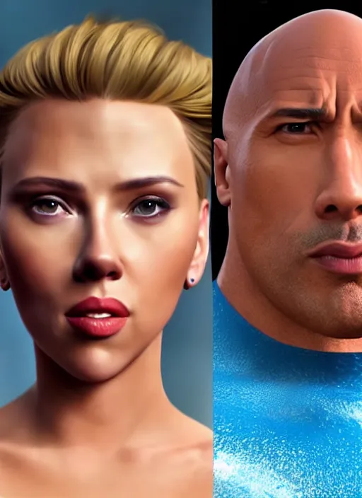 Image similar to a beautiful portrait of Scarlett Johansson as Dwayne the rock Johnson !dream Madison Beer as a video game character, digital art, unreal engine, unreal engine render, blender render, render, 4k, coherent