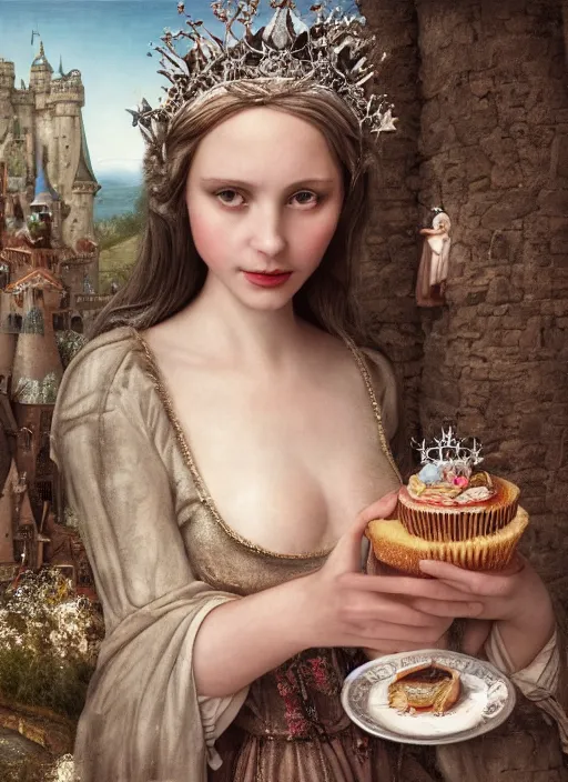 Image similar to closeup medieval bosch face portrait of a fairytale princess wearing a crown eating cakes in the castle, bikini, depth of field, zeiss lens, detailed and intricate environment, fashion photoshoot by nicoletta ceccoli, mark ryden, lostfish, breathtaking, 8 k resolution, extremely detailed, beautiful, establishing shot, artistic, hyperrealistic, octane render