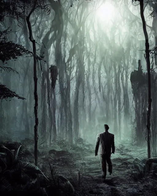 Prompt: a shady, undead man is walking towards a horrific monster in a densely overgrown, eerie jungle, fantasy, stopped in time, dreamlike light incidence, ultra realistic, award winning picture