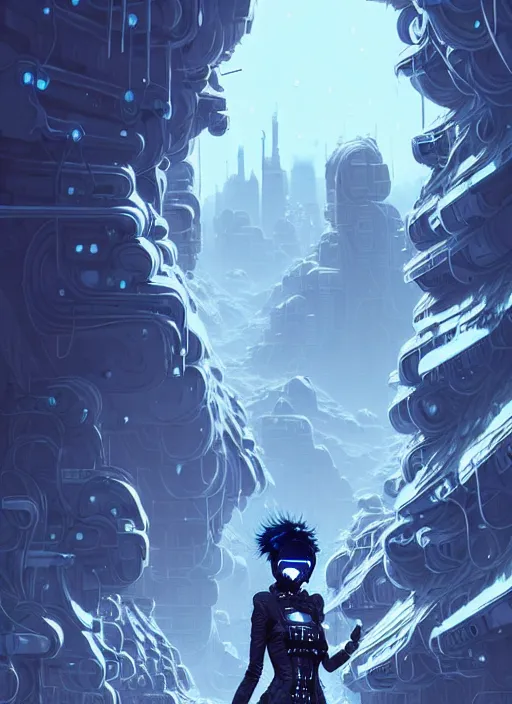 Prompt: highly detailed portrait of wasteland punk long curly white icey shard hair cyber ninja lady, stray wiring by atey ghailan, james gilleard, by joe fenton, by greg rutkowski, by greg tocchini, by kaethe butcher, 4 k resolution, gradient blue, cyan, black and white color scheme!!! ( ( snowy glaciated robotic dystopian city background ) )