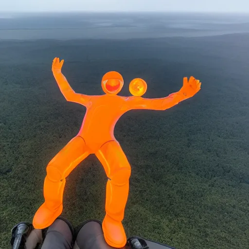 Image similar to photo of a giant orange colored glowing transparent humanoid of one thousand feet of height