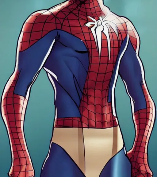 Prompt: peter parker with his suit removed to his waist seductive