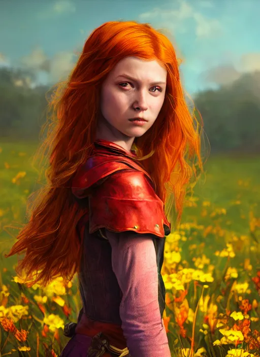 Image similar to An epic fantasy comic book style portrait painting of a young red headed girl with a tiny bright golden bee engraved on her shoulder in a field of flowers , unreal 5, DAZ, hyperrealistic, octane render, cosplay, RPG portrait, dynamic lighting