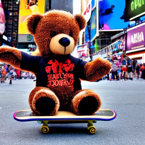 Image similar to a teddy bear on a skateboard in times square