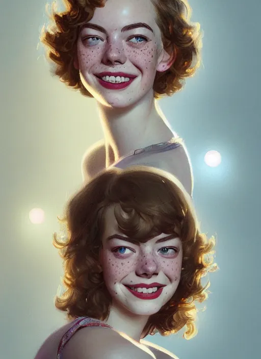 Image similar to portrait of teenage emma stone, freckles, curly middle part haircut, curly hair, smiling kindly, friendly, 1 9 5 0 s, intricate, elegant, glowing lights, highly detailed, digital painting, artstation, concept art, smooth, sharp focus, illustration, art by wlop, mars ravelo and greg rutkowski