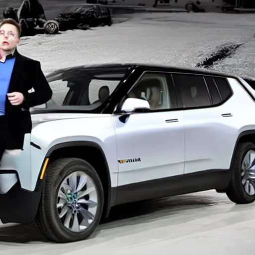 Prompt: Elon Musk sitting in the driver's seat of a Rivian RT1