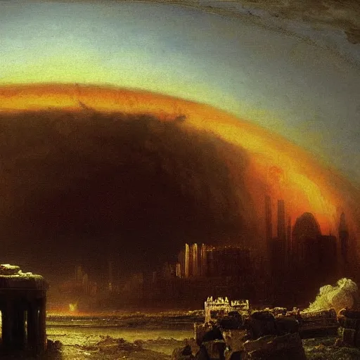 Image similar to An atom bomb explosion in Mumbai, by Thomas Cole, by Carl Gustav Carus, oil on canvas, masterpiece, trending on ArtStation