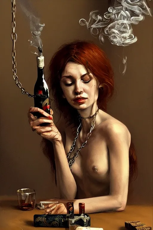 Prompt: dirty faced and very tired womanlooking pile smoking a winebottle, drugs, cigarrette boxes at the table, fantasy, intricate, elegant, highly detailed, digital painting, artstation, concept art, addiction, chains, smooth, sharp focus, illustration, art by Ilja Repin