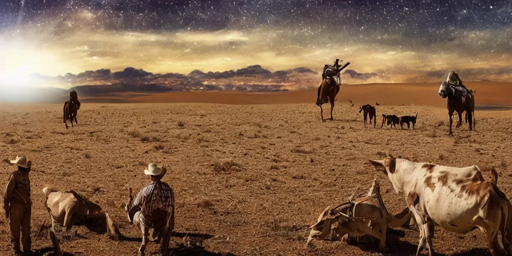 Image similar to UFO, desert scene, cowboys and coyotes rustling cows