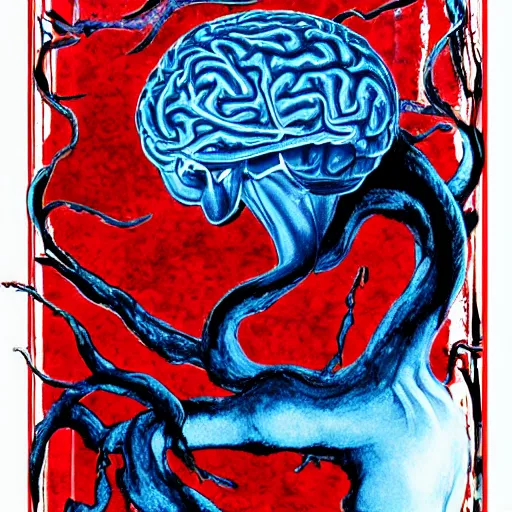 Prompt: brain king demon of high courtship, blue depression red tide liquid love