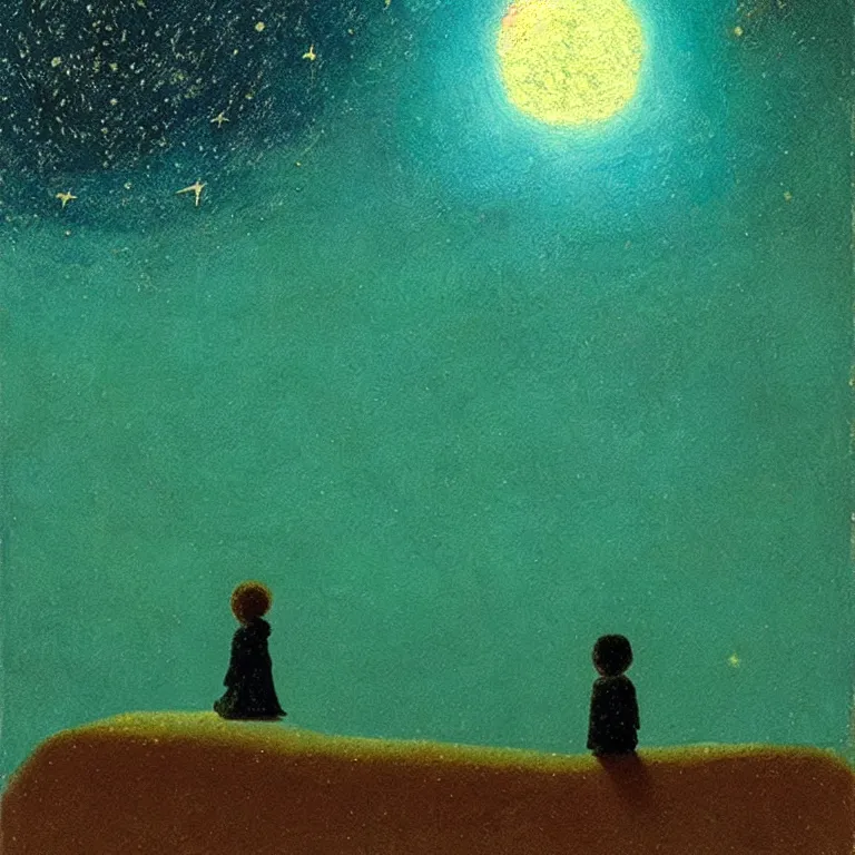 Prompt: a small figure staring at the stars, warn lighting, glowing, arkhip kuindzhi painting, teal palette, eschaton