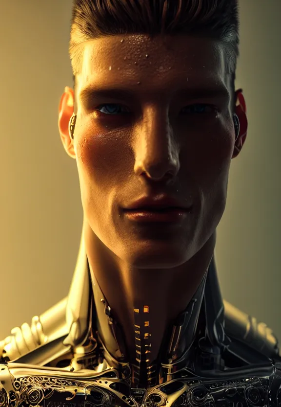 Image similar to ultra realist intricate detailed painting of a single attractive male ( ( cyborg ) ), slight neon tech, model pose, art by vitaly bulgarov and nivanh chanthara, hyperrealistic, soft lighting, octane render