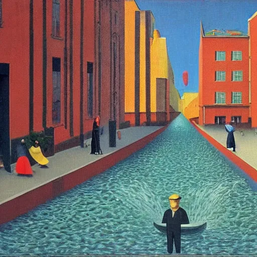 Prompt: people splashing water in city street, sunny, painted by Rene Magritte