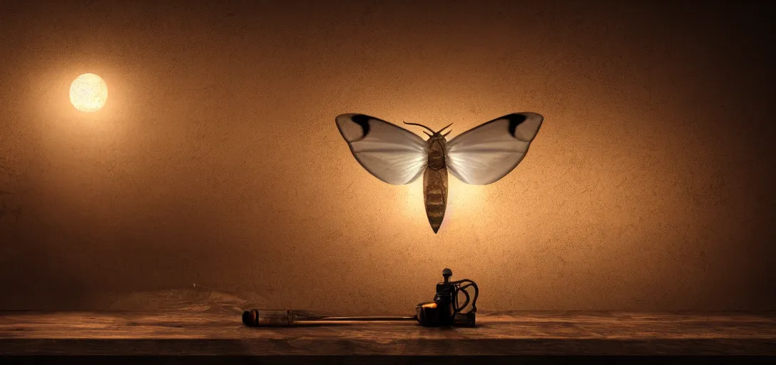 Image similar to moth on a dark wooden table, matte painting, dust, volumetric lighting, screwdrivers, golden hour, 8k, 4k, artstation, award winning shot