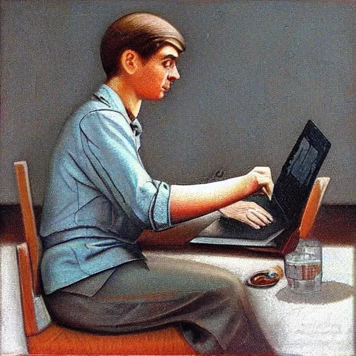 Prompt: detailed intricate soviet realism painting of webdesigner with laptop, heroic, beautiful, by sergei gerasimov