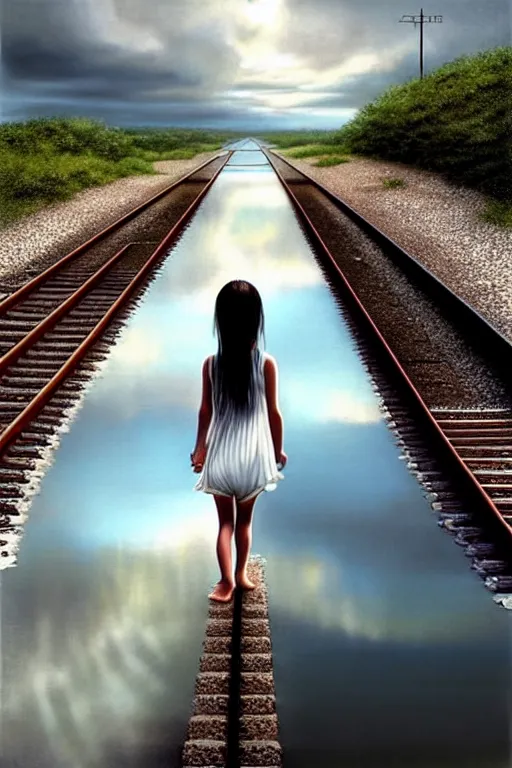 Image similar to a barefoot girl carries her shoes on a wide pool of reflective water and faintly visible submerged train tracks, water covers everything, large white clouds on a wide horizon, intricate, elegant, highly detailed, digital photo, artstation, concept art, smooth, sharp focus, low angle photo, art by artgerm and greg rutkowski and fra angelico