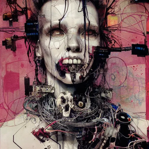 Image similar to a cyberpunk noir detective, skulls, wires cybernetic implants, machine noir grimcore, in the style of adrian ghenie esao andrews jenny saville surrealism dark art by james jean takato yamamoto and by ashley wood and mike mignola