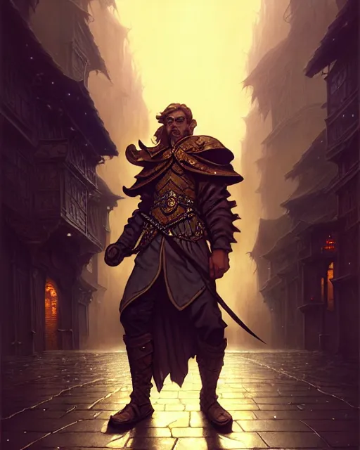 Image similar to the hero of ages walks upon the streets of waterdeep, dnd fantasy art, intricate, elegant, glowing lights, highly detailed, digital painting, artstation, sharp focus, illustration, art by wlop, mars ravelo and greg rutkowski, art by brom, artgerm and alphonse mucha, 8 k, highly detailed