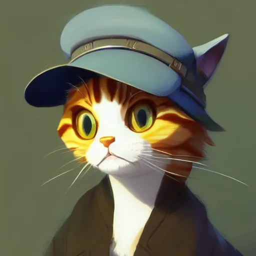 Image similar to a train conductor tabby cat, wearing a train conductor hat. By Makoto Shinkai, Stanley Artgerm Lau, WLOP, Rossdraws, James Jean, Andrei Riabovitchev, Marc Simonetti, krenz cushart, Sakimichan, trending on ArtStation, digital art.