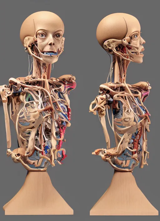 Image similar to a bust sculpture of anatomical detailed wood cyborg, emma stone, green blod, become human, ceramic base, orthographic, studio lighting