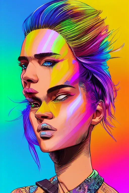 Image similar to a award winning half body portrait of a beautiful woman with stunning eyes in a printed croptop and cargo pants with rainbow colored ombre hairstyle head in motion and hair flying by josan gonzales, outrun, vaporware, shaded flat illustration, digital art, trending on artstation, highly detailed, fine detail, intricate