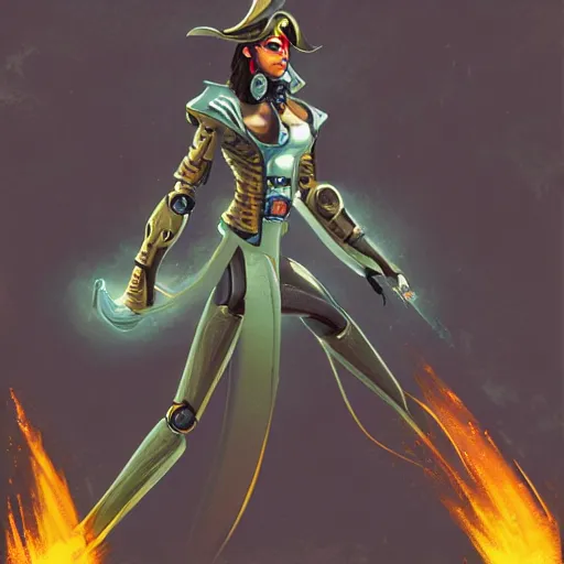 Image similar to robot swashbuckler, female, science fiction, pirate, concept art, matte, illustration, character art,