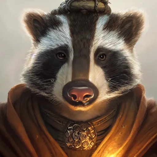 Prompt: a detailed portrait of a badger wizard, by justin gerard and greg rutkowski, digital art, realistic painting, dnd, character design, trending on artstation