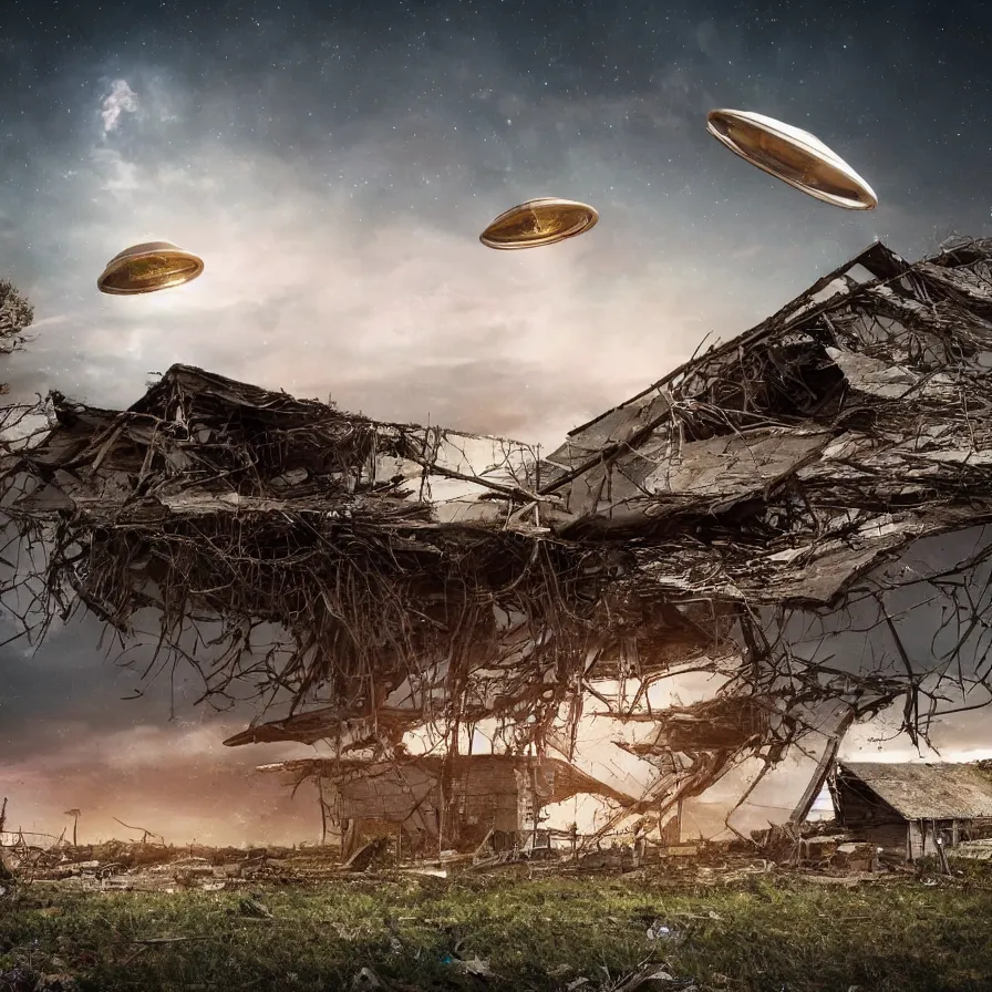 Image similar to a ufo floats over a broken barn, debris floats upwards, volumetric lighting, night, photorealistic rendering, color palette, 8 k, hyperdetailed