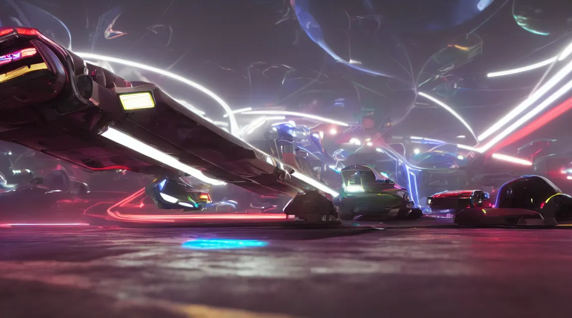 Image similar to mid to close up of a hover car from wipeout hd on a racetrack high motion blur lots of fog and very high depth of field LED strip lights on the road RTX render photorealistic 8k rendered on octane