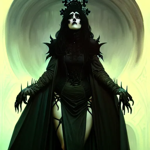 Prompt: A epic fantasy portrait of a cute goth woman, castle setting, horror movie lightning, intricate, elegant, highly detailed, digital painting, artstation, concept art, matte, sharp focus, illustration, art by Artgerm and Greg Rutkowski and Alphonse Mucha