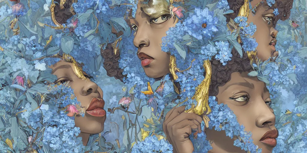 Image similar to breathtaking detailed concept art painting art deco pattern of afroamerican faces goddesses amalmation light - blue flowers with anxious piercing eyes and blend of flowers and birds, by hsiao - ron cheng and john james audubon, bizarre compositions, exquisite detail, extremely moody lighting, 8 k