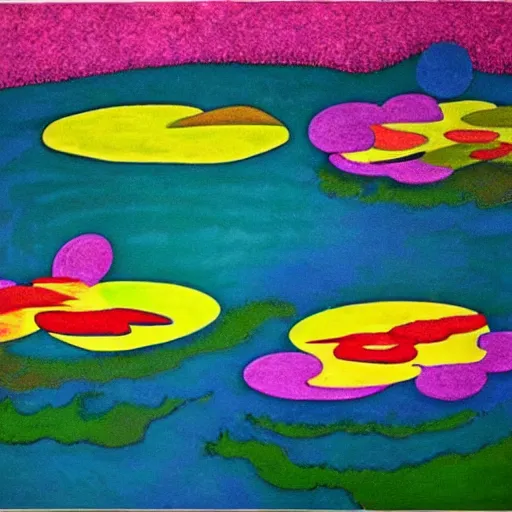 Image similar to intuitive tonalism by alice rahon, by romero britto. a peaceful installation art that shows a pond with water lilies floating on the surface. the colors are soft & calming, & the overall effect is one of serenity & relaxation.