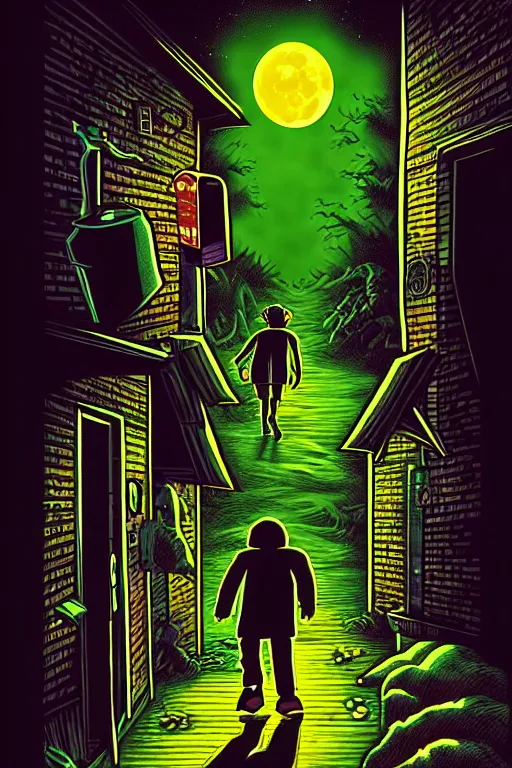 Image similar to a photorealistic vintage goosebumps cover art style illustration of a monster coming out of a garbage can in a dark alley way at night with moonlight casting shadows.