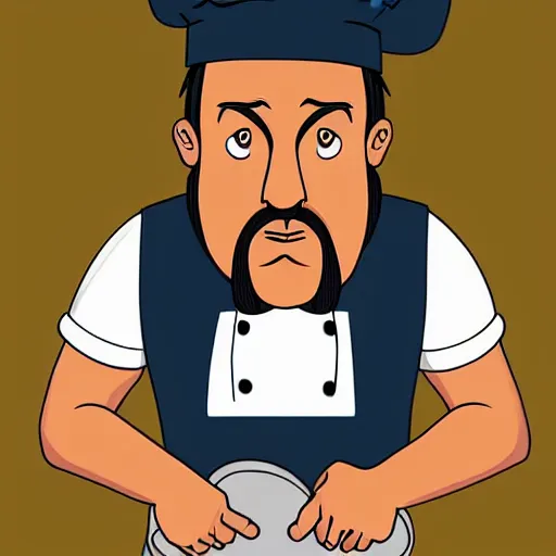 Prompt: portrait of a cook or chef looking at the camera, cartoon, digital art, symmetrical face, frowning face sad