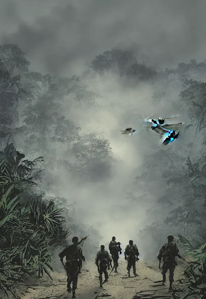 Prompt: handmade illustration of an epic Vietnam war scene with a very few american soldiers walking into the jungle, some smoke and fire, blue sky with dramatic clouds, one helicopter, line art, ballpoint, oil on canvas by Kilian Eng and by Jake Parker, heavy brushstrokes, winning-award masterpiece, fantastic, octane render, 8K HD Resolution, High quality image