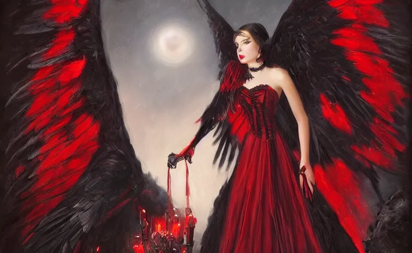 Image similar to Female dark angel in gothic red and black dress, their black wings are extended. She is in the bioluminescent forest. Horror scene, highly detailded. By Konstantin Razumov