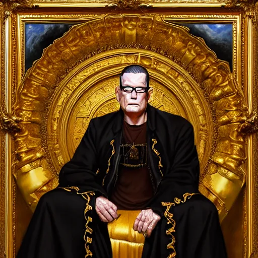 Image similar to perfectly centered portrait of hank hill in gold gothic robe sitting on a throne of black bones, highly detailed painting by gaston bussiere, craig mullins, j. c. leyendecker, 8 k, mid shot