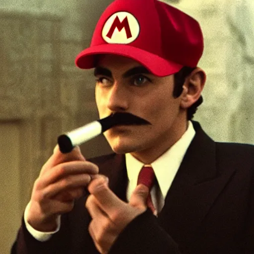 Image similar to Mario smoking in an A24 film aesthetic!!!